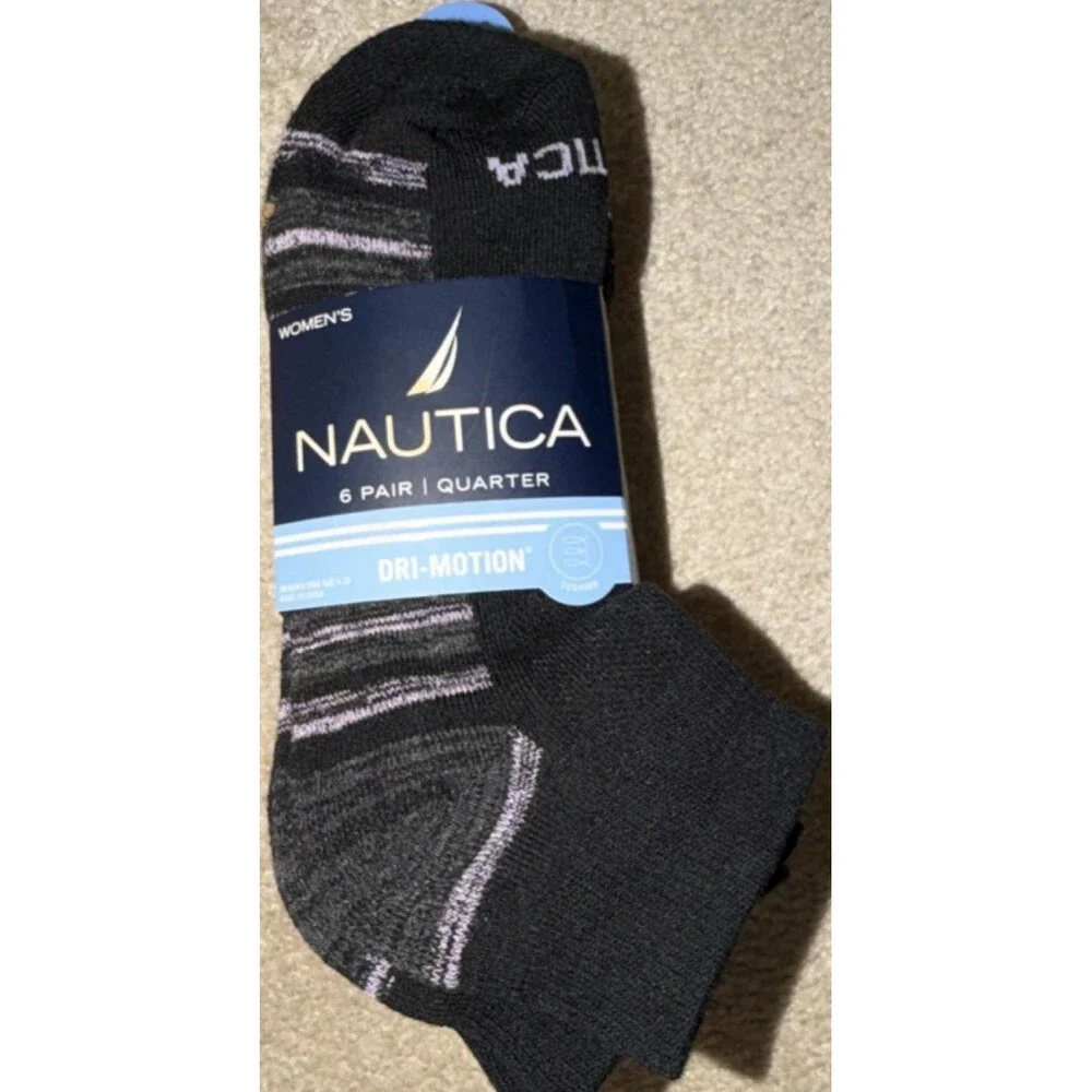 Nautica Women's Quarter Socks 6 Pairs Cushioned Striped Black Gray Purple 4-10